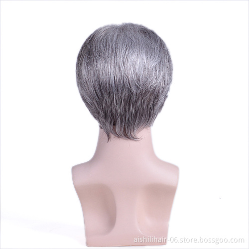 Wholesale Synthetic Short Mixed Dark Gray And Gray Silk Straight Hair Wigs For Men